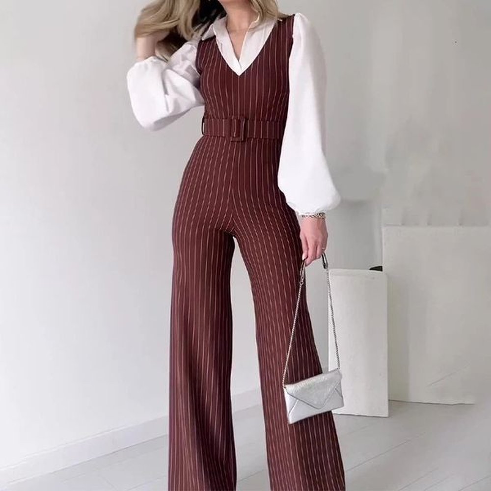 elegant long combination white collar wide leg work jumpsuit with