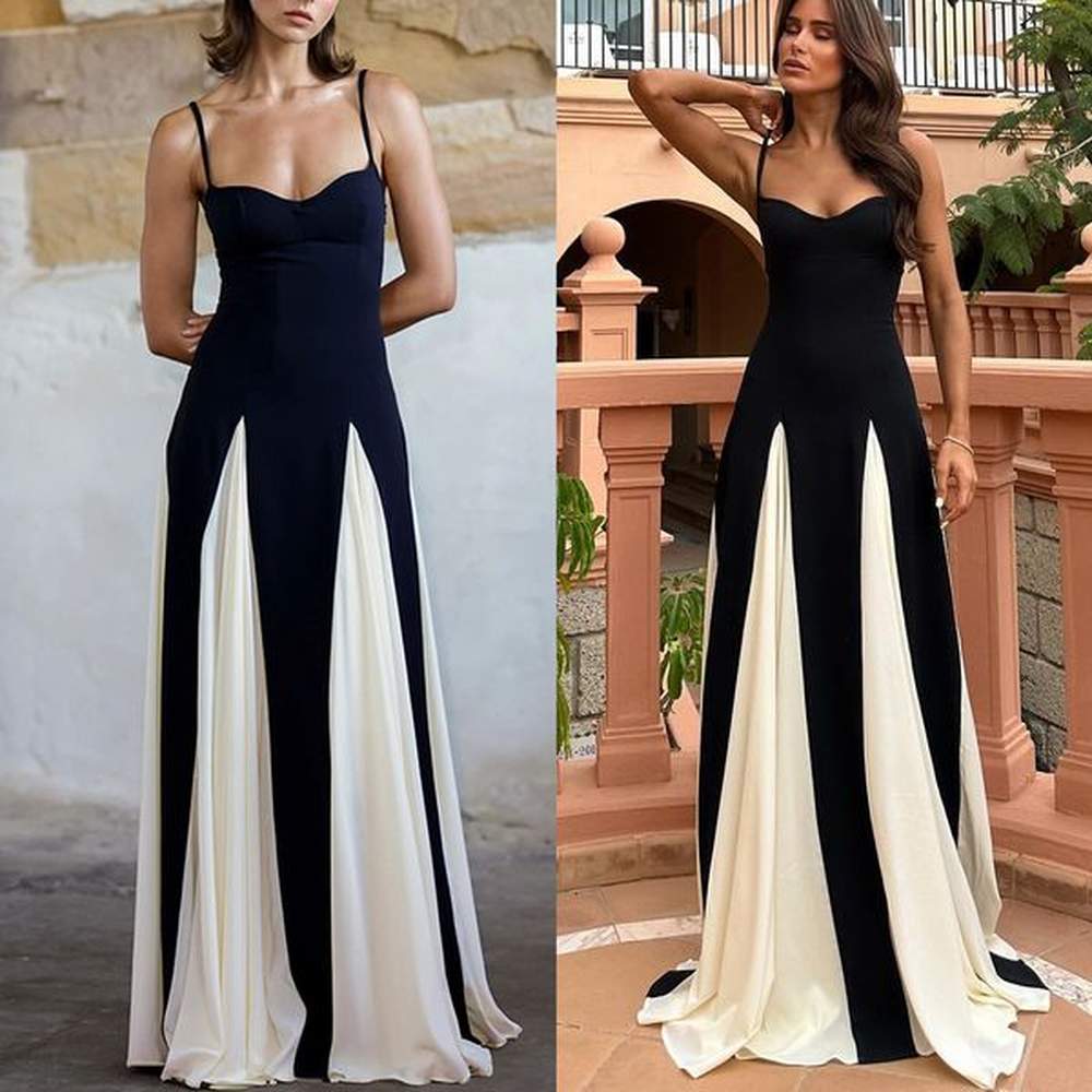 elegant patchwork spaghetti strap long dress for women fashion sleeveless