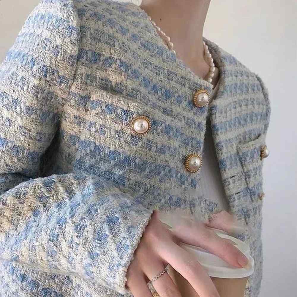 elegant pearls buttons cropped jacket women korean fashion round neck