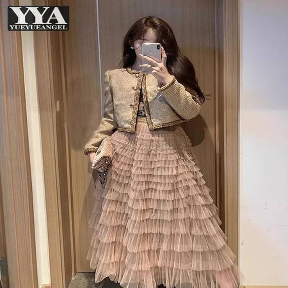 elegant piece tweed set lace skirt short jacket