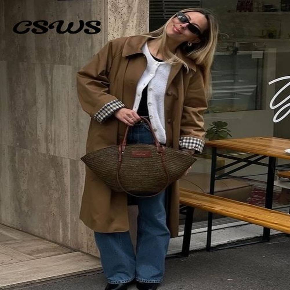 elegant plaid lapel long windbreaker women fashion single breasted full