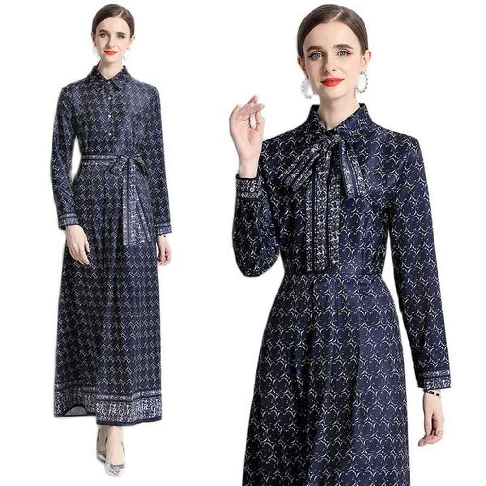 elegant print blue lapel maxi dress long sleeve robes