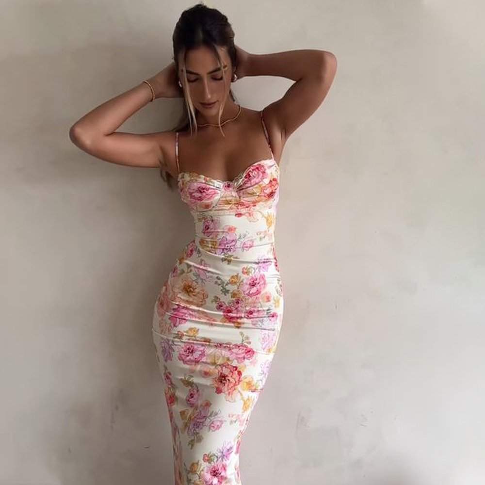elegant print maxi dress for women spaghetti strap sleeveless backless