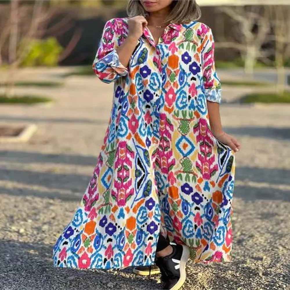 elegant printed shirt dress for women autumn full sleeve button