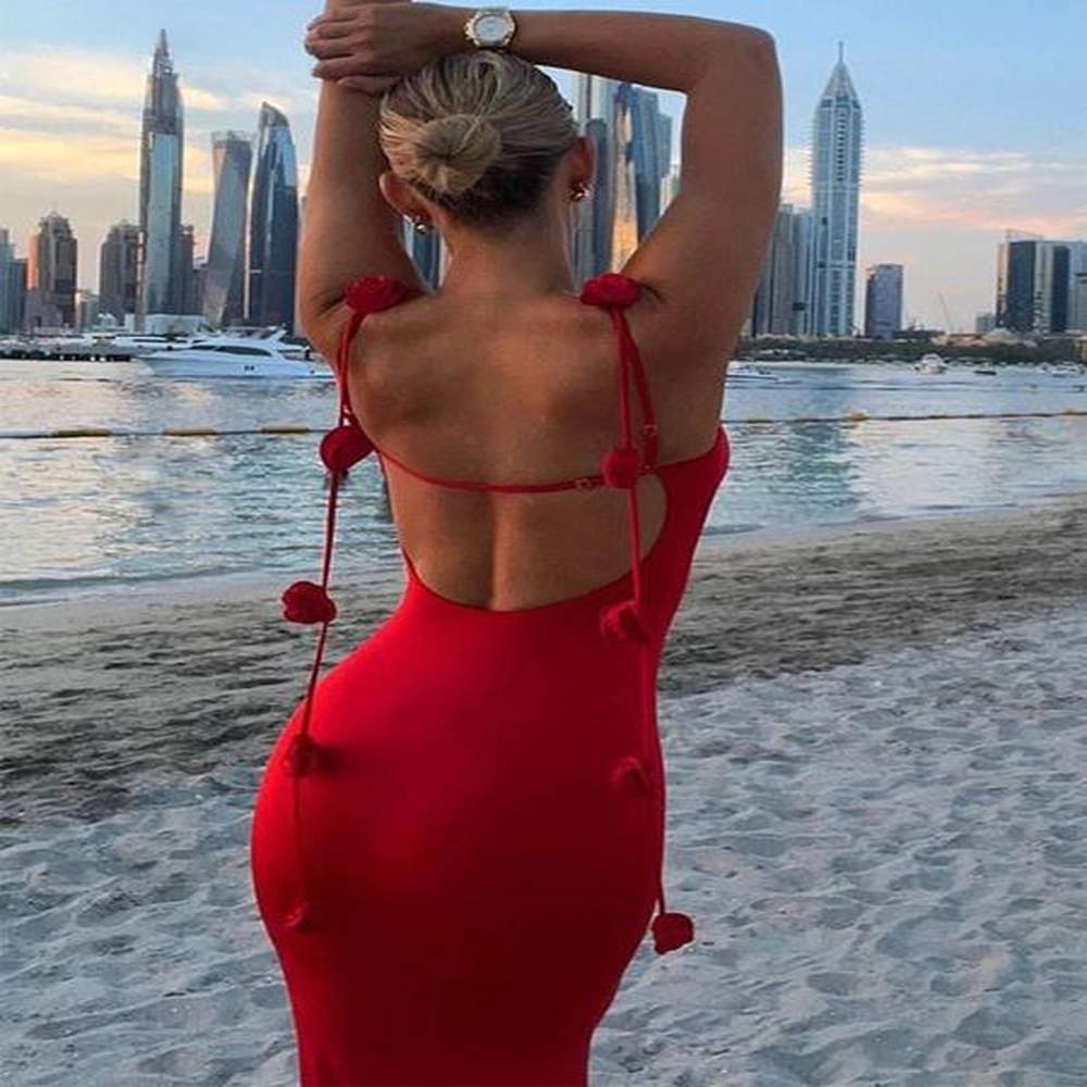 elegant red backless d flower spaghetti strap maxi dress women