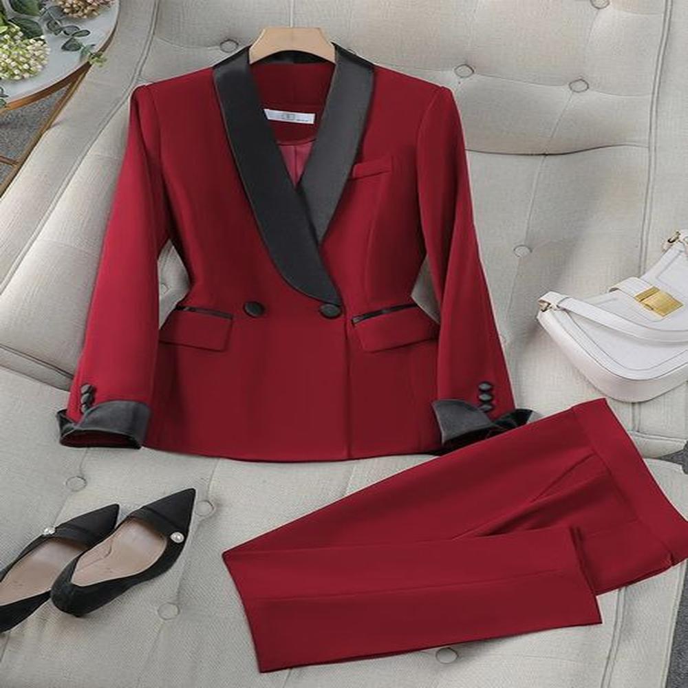 elegant red black women pant suit office ladies female business