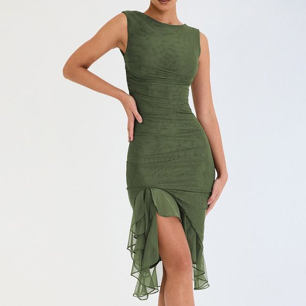 elegant ruffle ruched midi dress for women robe summer new