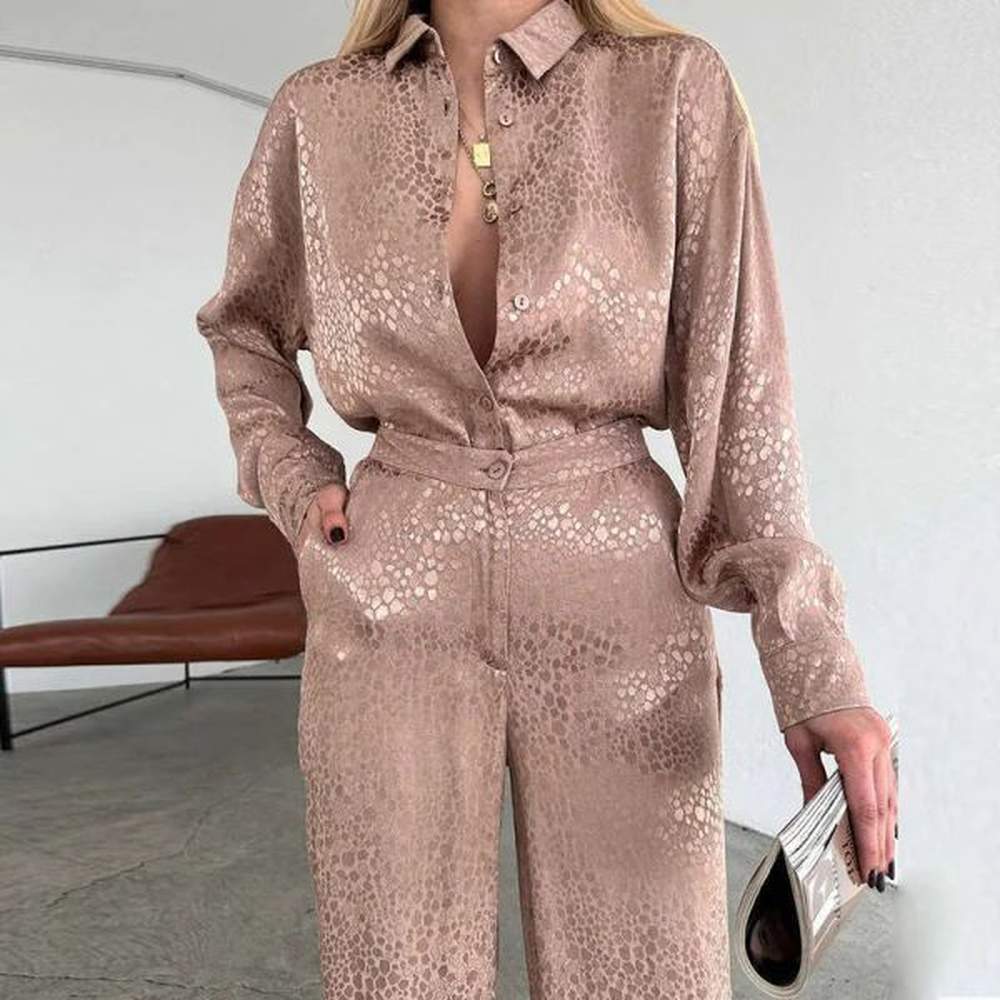 elegant satin loose straight pants outfits leopard print spring two