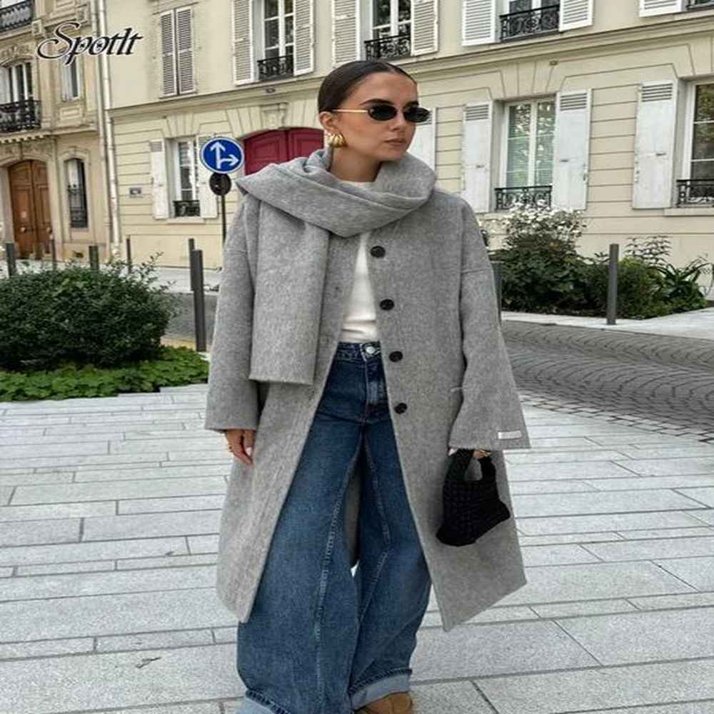 elegant single breasted woolen blends long coat women fashion scarf