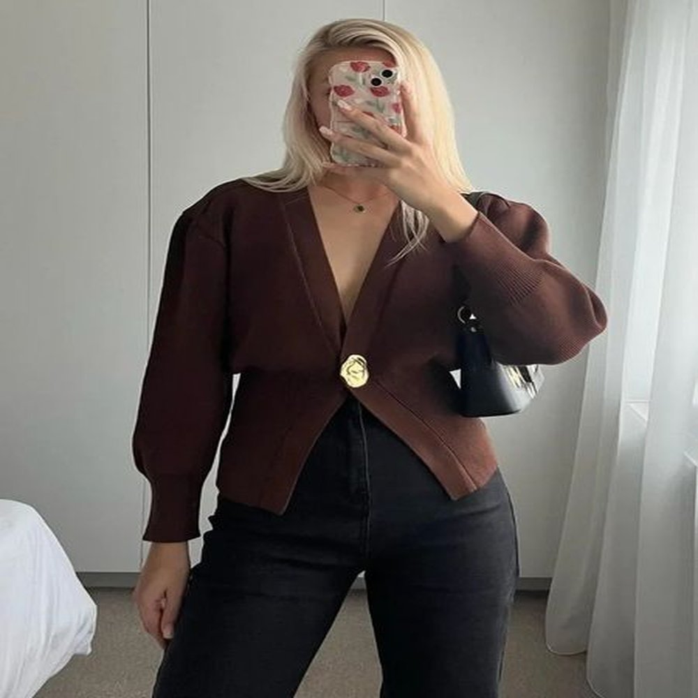 elegant solid color button knitted women cardigan chic v neck