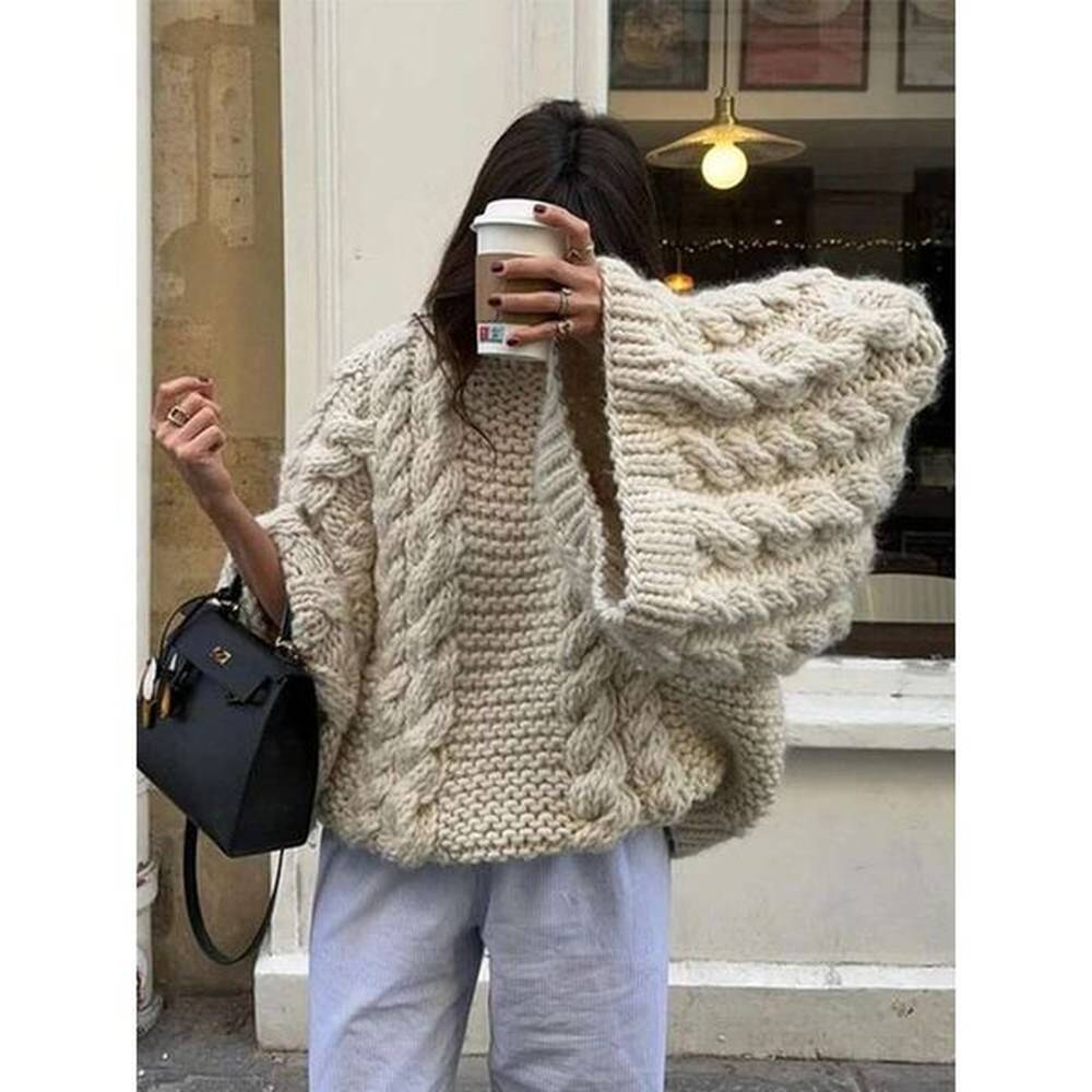 elegant solid knitted sweaters for women casual oversize long lantern