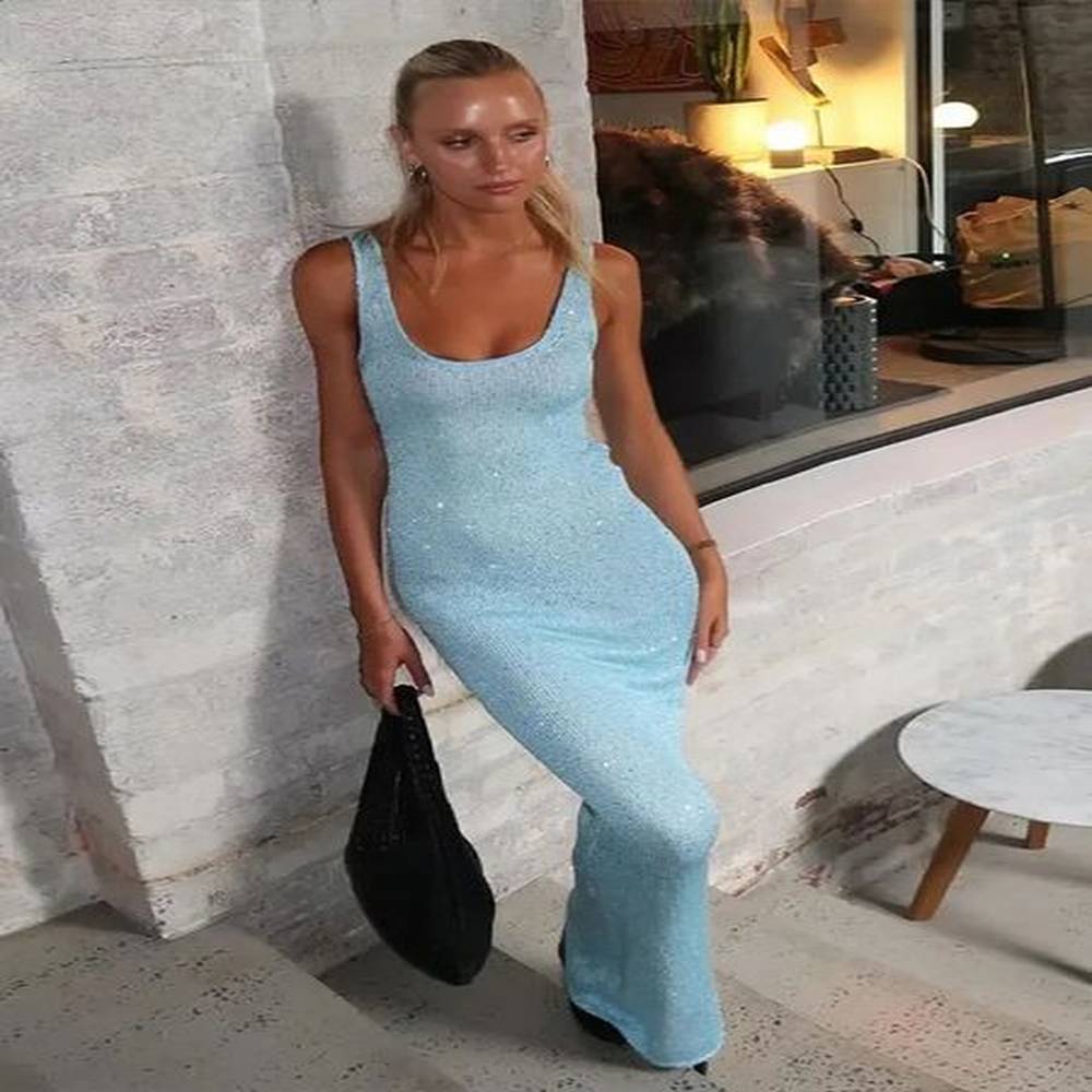 elegant solid sequins bodycon dress for women banquet sleeveless square