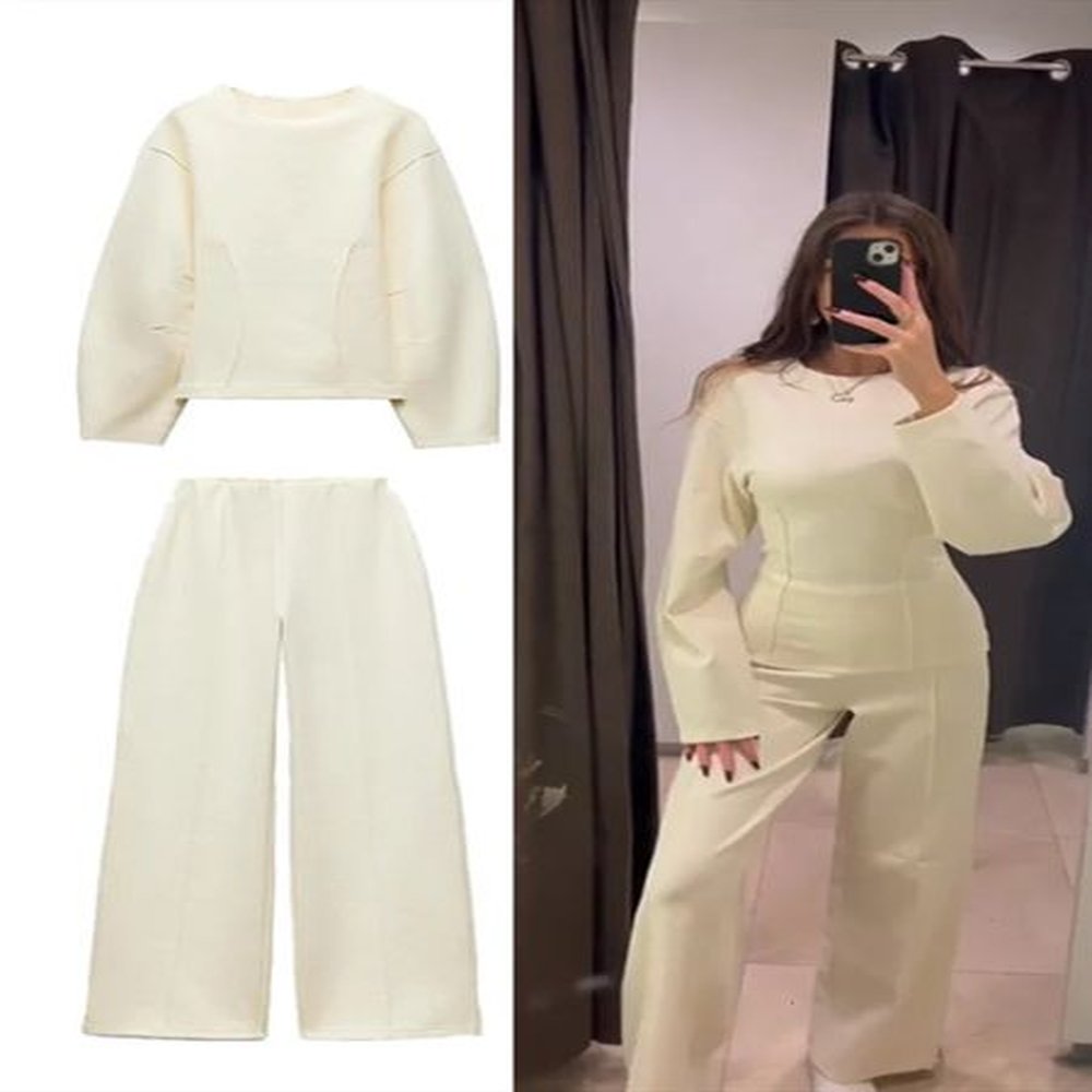 Elegant Solid Top Pants Set Two Piece Sets ONeck Long Sleeve Pullover Wide Leg Trousers Casual Office Outfit 241204