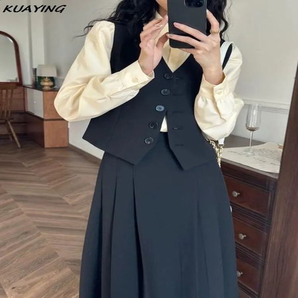 elegant solid vest set womens fashionable long sleeved topshort aline