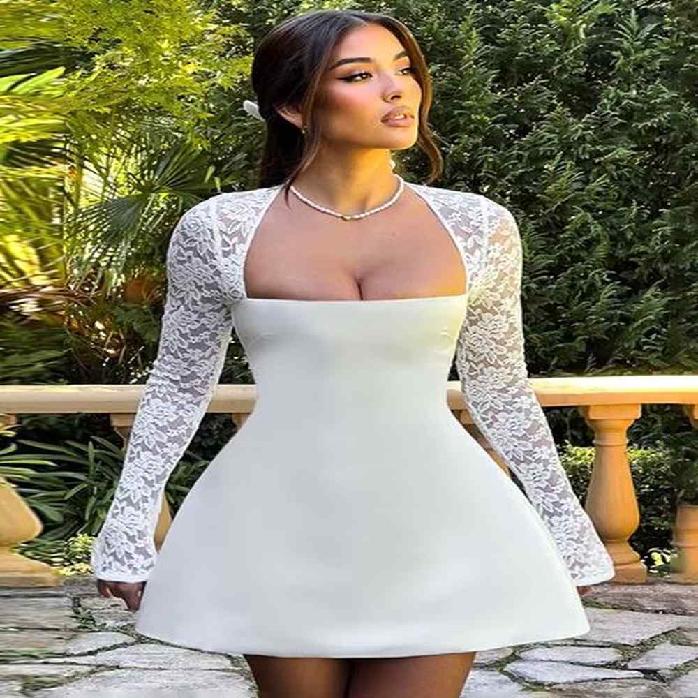 elegant square collar lace patchwork party dresses women spring