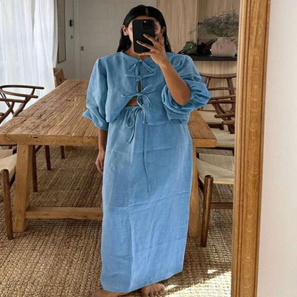 elegant summer womens linen bow long dress lace solid fluffy