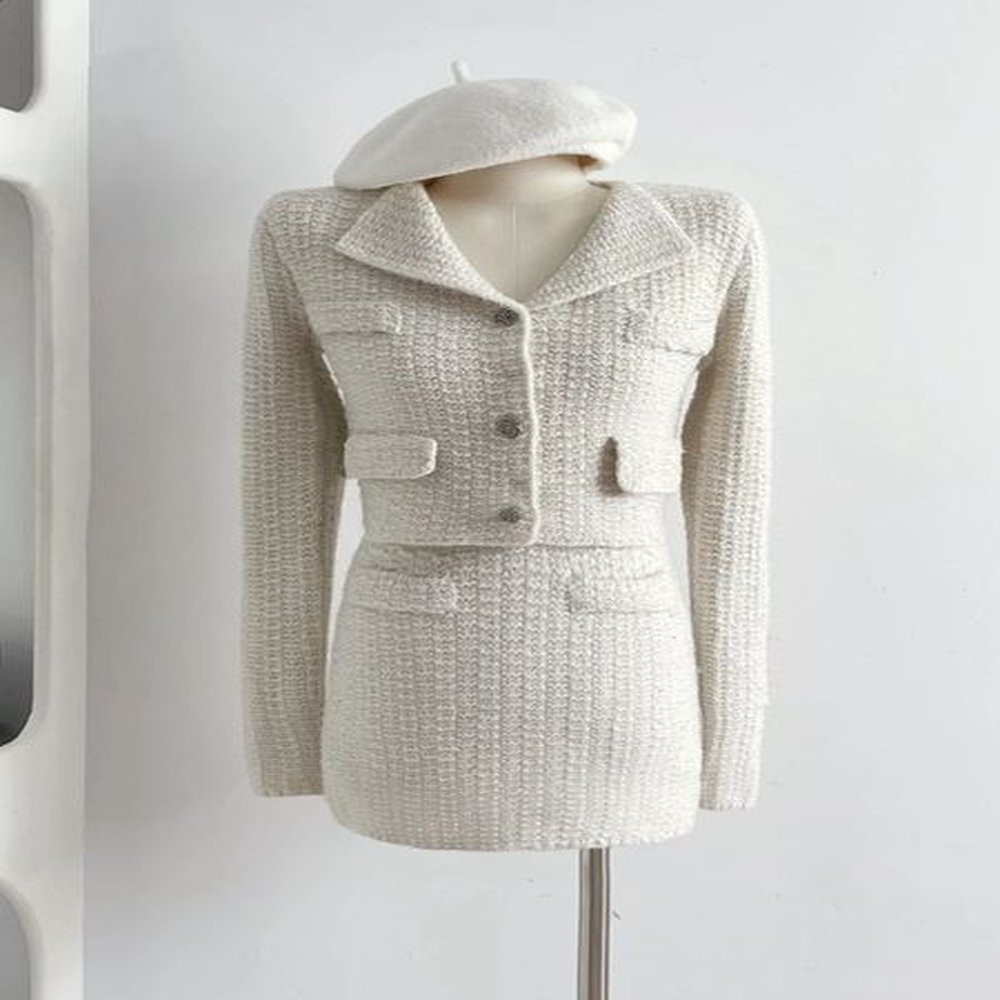 elegant temperament knitted suit womens autumnwinter lapel short knitted cardigan