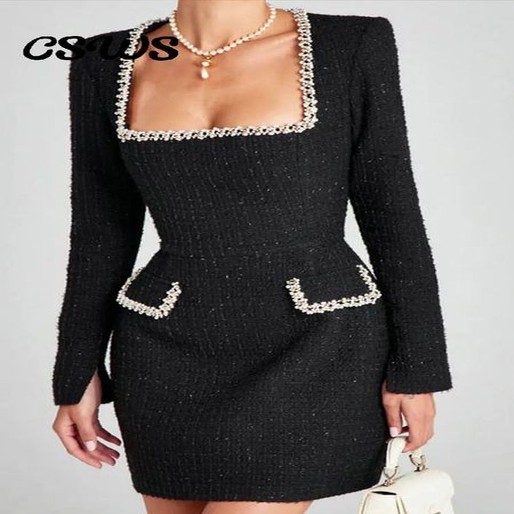elegant tweed mini party dress women fashion shiny square collar
