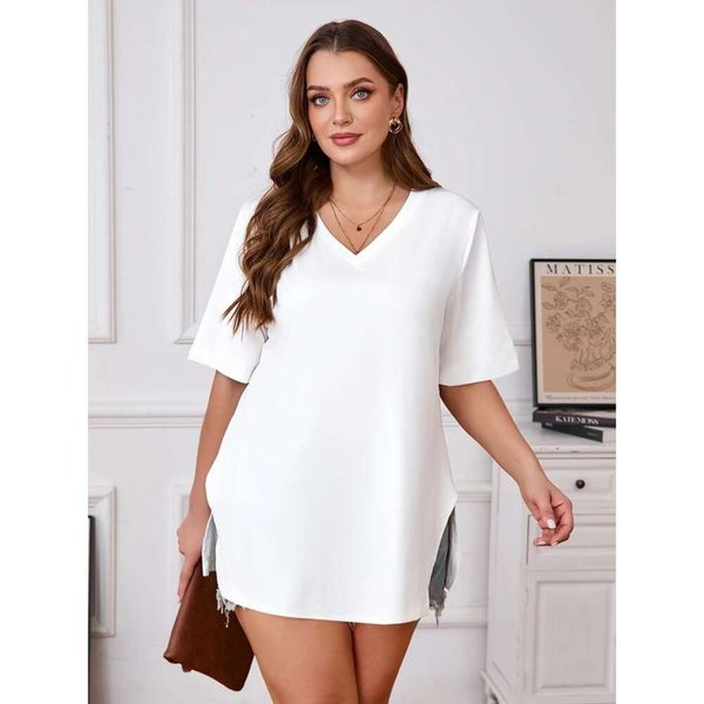 elegant vneck tshirt skirt side slit solid color knitted polyester