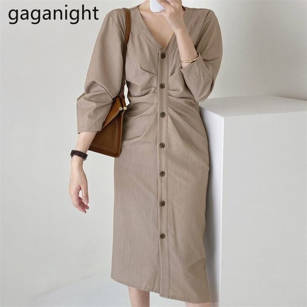 elegant women maxi bodycon dress solid single breasted ruched office