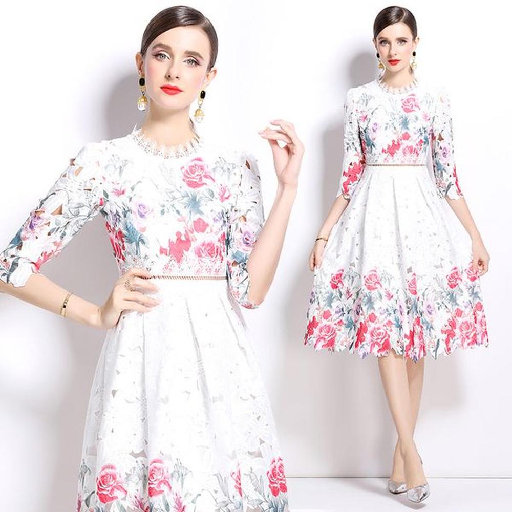 elegant women slimming hollow lace floral dress midi designer runway