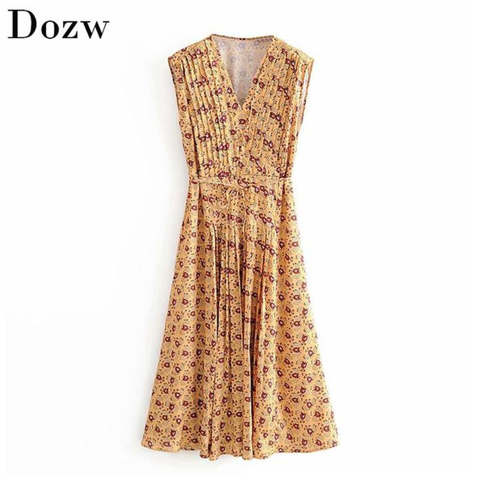 elegant women v neck floral print long dress sleeveless bandage