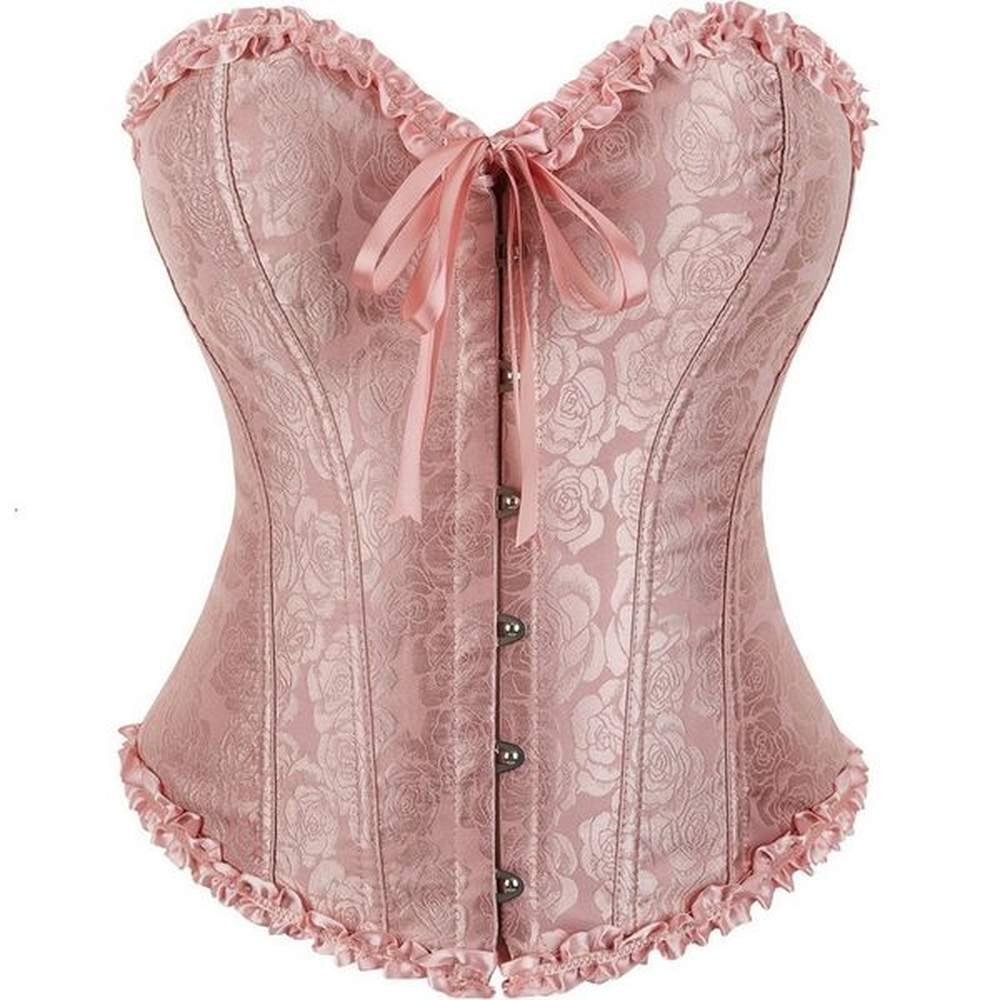 elegant womens ruffled rose brocade overbust corset with detailed ribbons