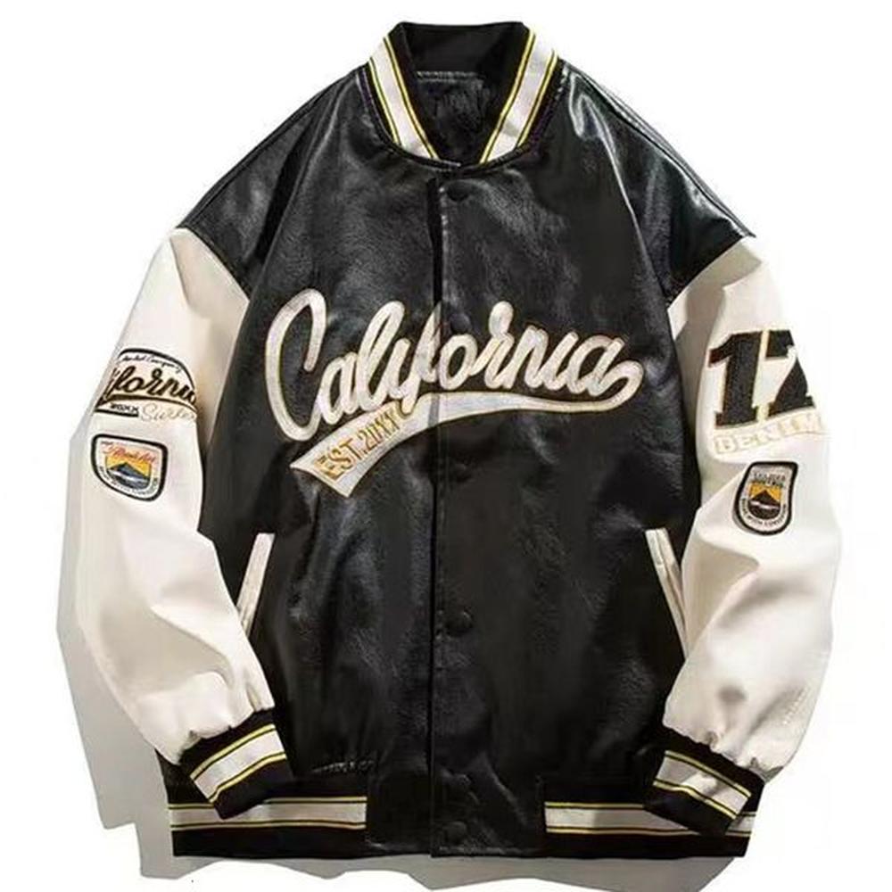Embroidered pilot baseball jacket mens hiphop streetwear PU leather university bomber womens Harajuku loose w240827