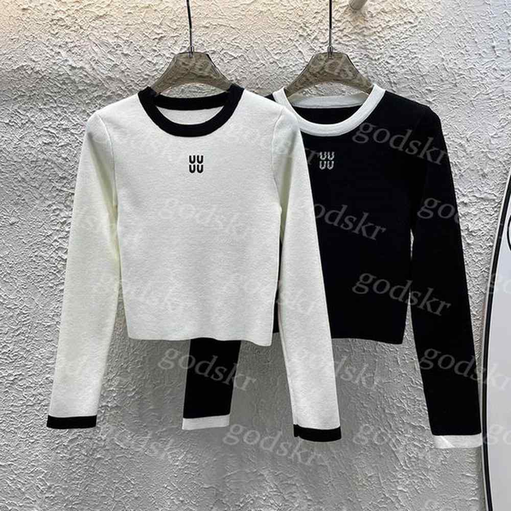 embroidered wool blend top women black white contrasting crew neck