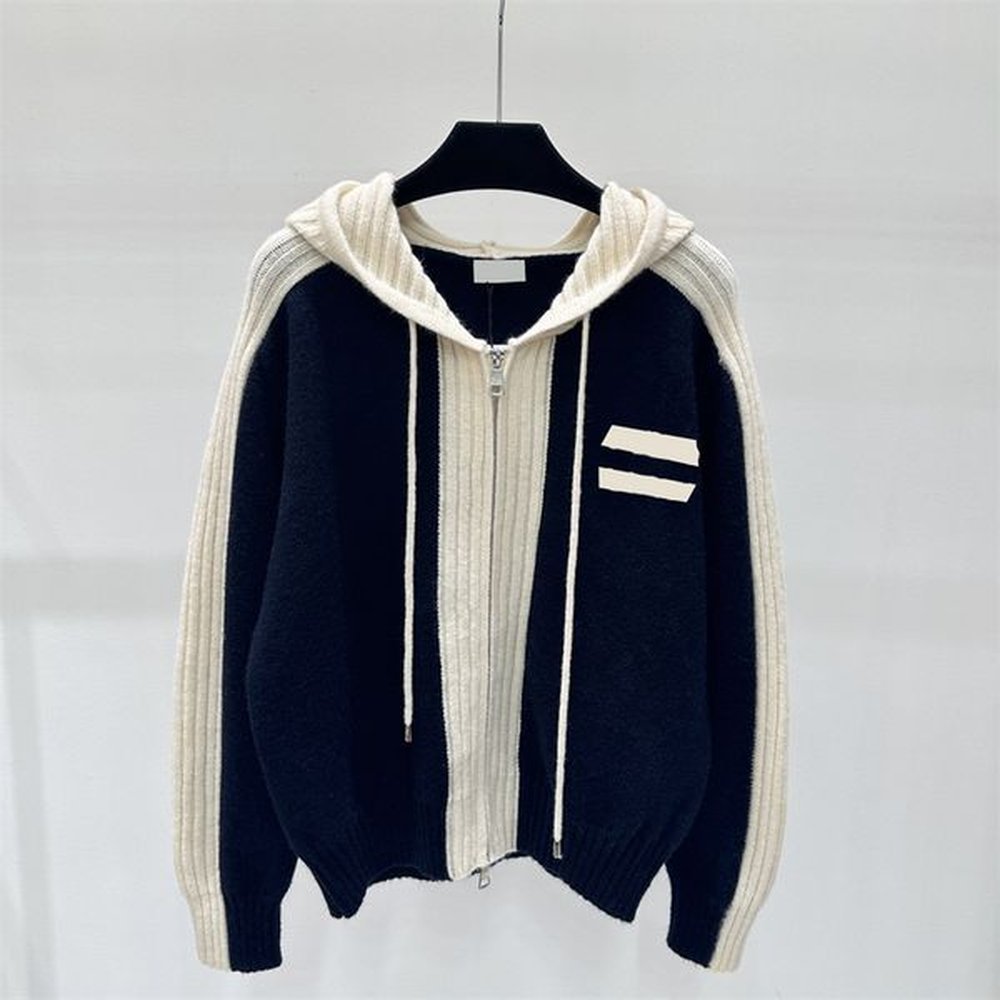 embroidered zipper hooded collar knit cardigan women autumn long sleeve
