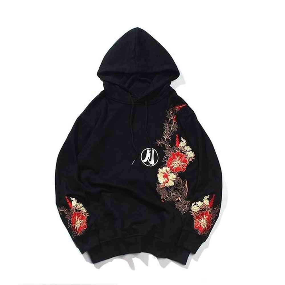 Embroidery Animal Flowers Rabbits Print Hooded Sweatshirts Harajuku Fashion Pullover Hoodies Hip Hop Casual Streetwear