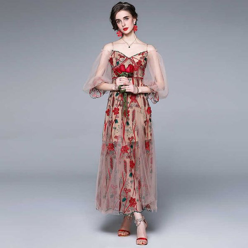 embroidery floral mesh womens dres female summer elegant party lady
