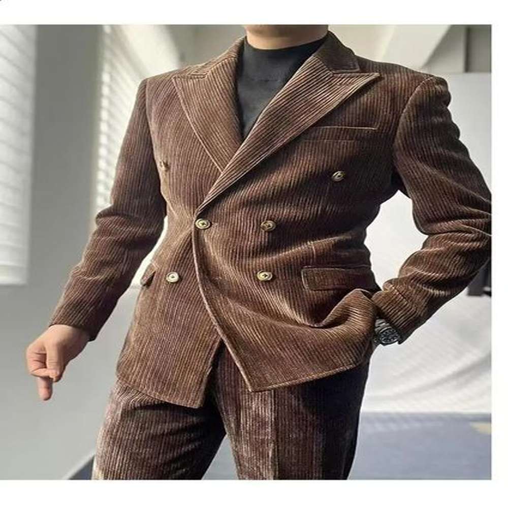 England Style Mens Corduroy Suits Double Breasted Tops Coat And Naples Pant Twopiece Set Vintage Business Casual Outfits 250206