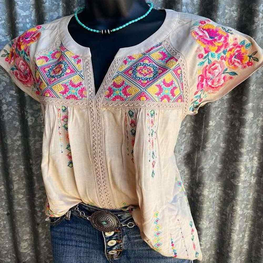 ethnic vneck pullover style commuting loose fit beige printed