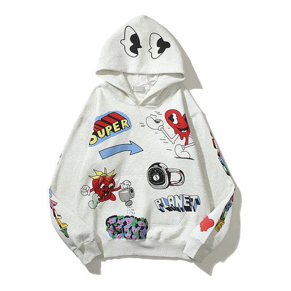 EU Retro Hoodies Red Heart Skull Graffiti Pullover Fleece Men's Sweatshirts Loose Streetwear Oversized Couple Hooded Hoodie