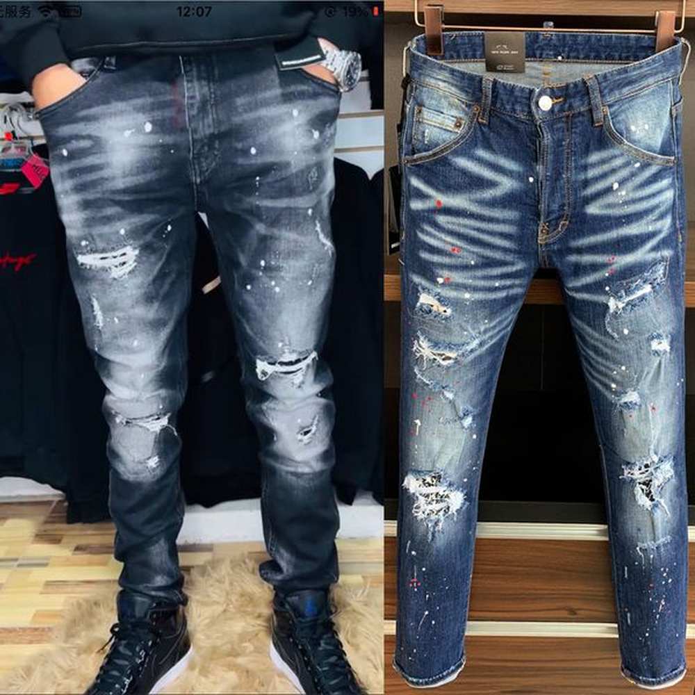 Euro Size Blue Jeans Mens Patchwork Patches Stitch Detail Elastic Damage Denim Pants Ripped Effect Cowboy Trousers
