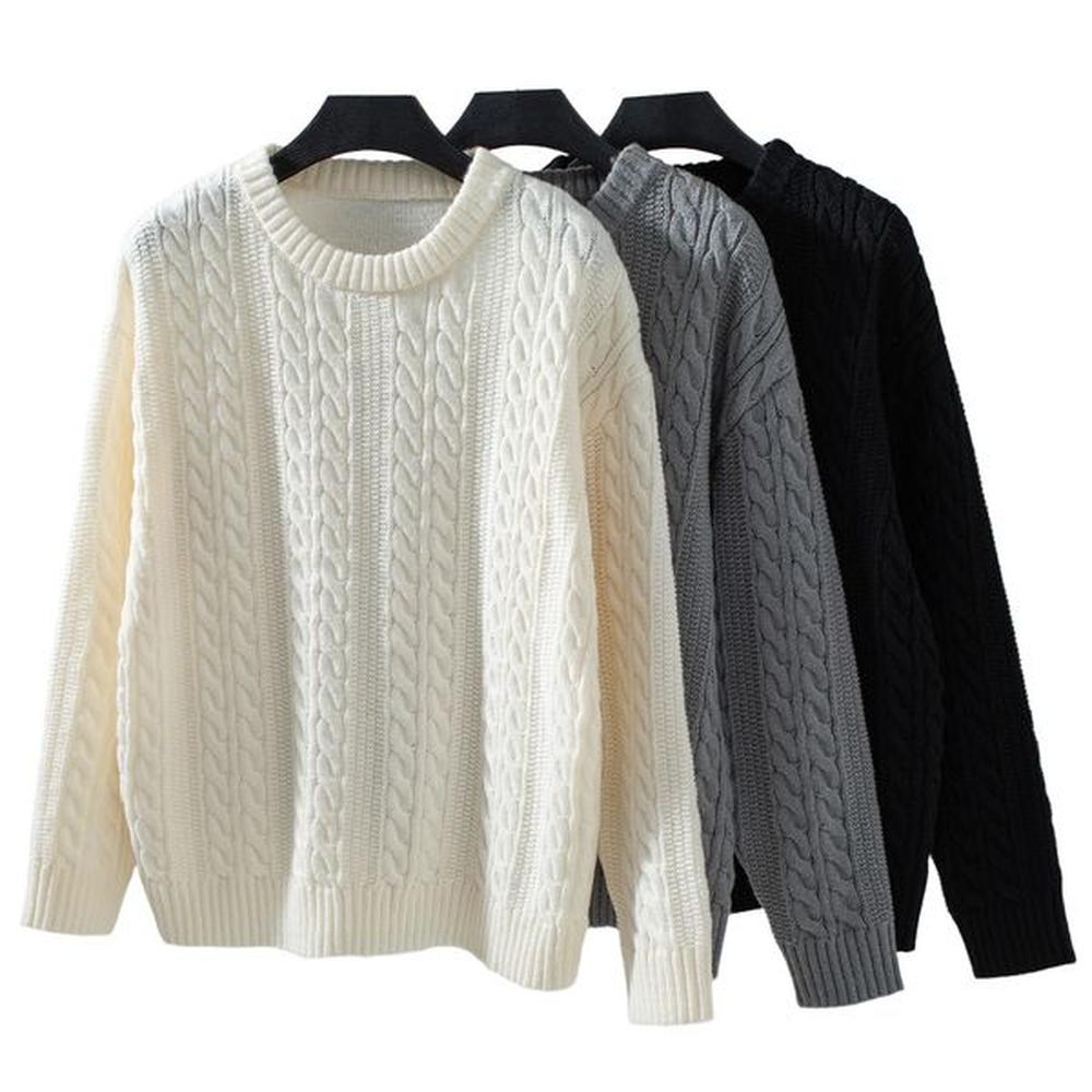 europe and american vintage solid color womene sweater crewneck long
