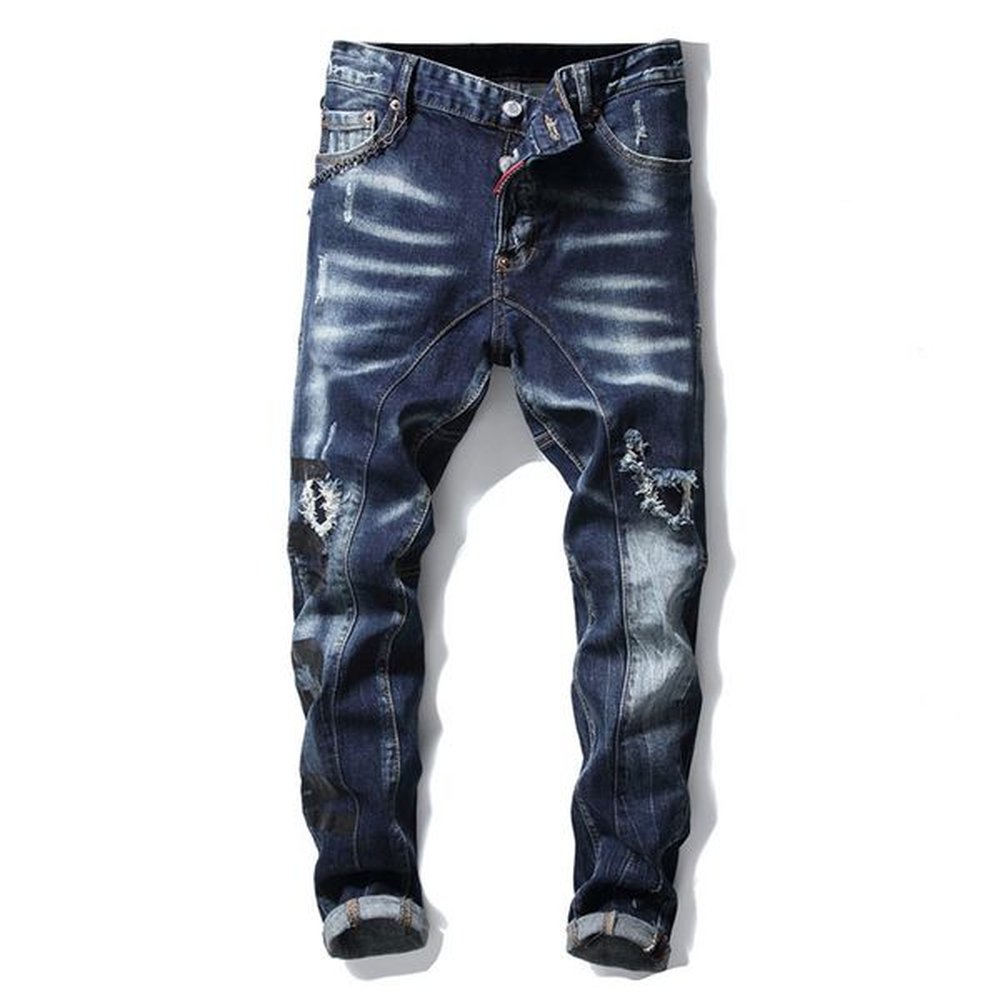 European American Style mens jeans luxury Men straight denim trousers zipper Patchwork Slim blue jeans for men