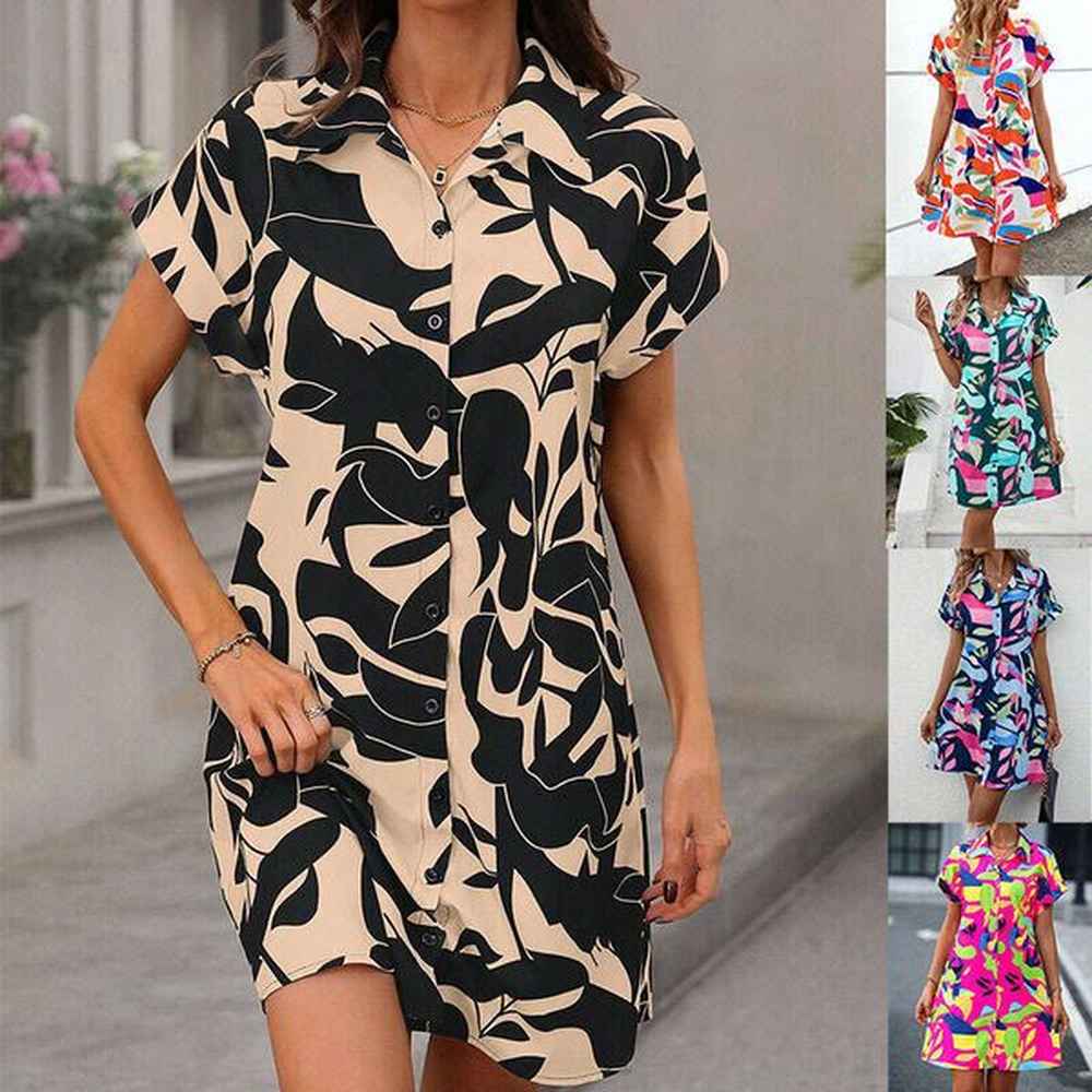 european american summer printed short sleeved dress with lapel