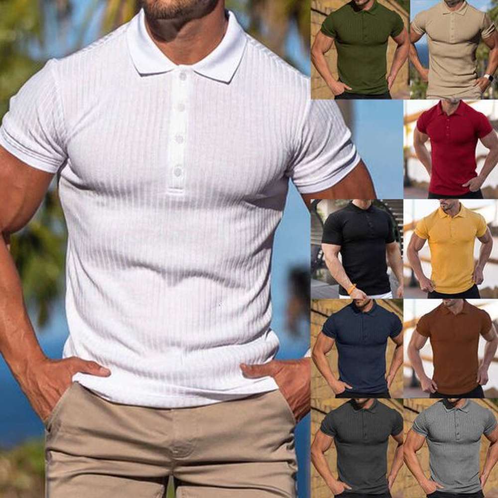 European American Summer Sports, Fiess, Leisure, Elastic Vertical Stripes, Short Sleeved Polo Shirts, Men's Trendy Clothing, Fashionabl
