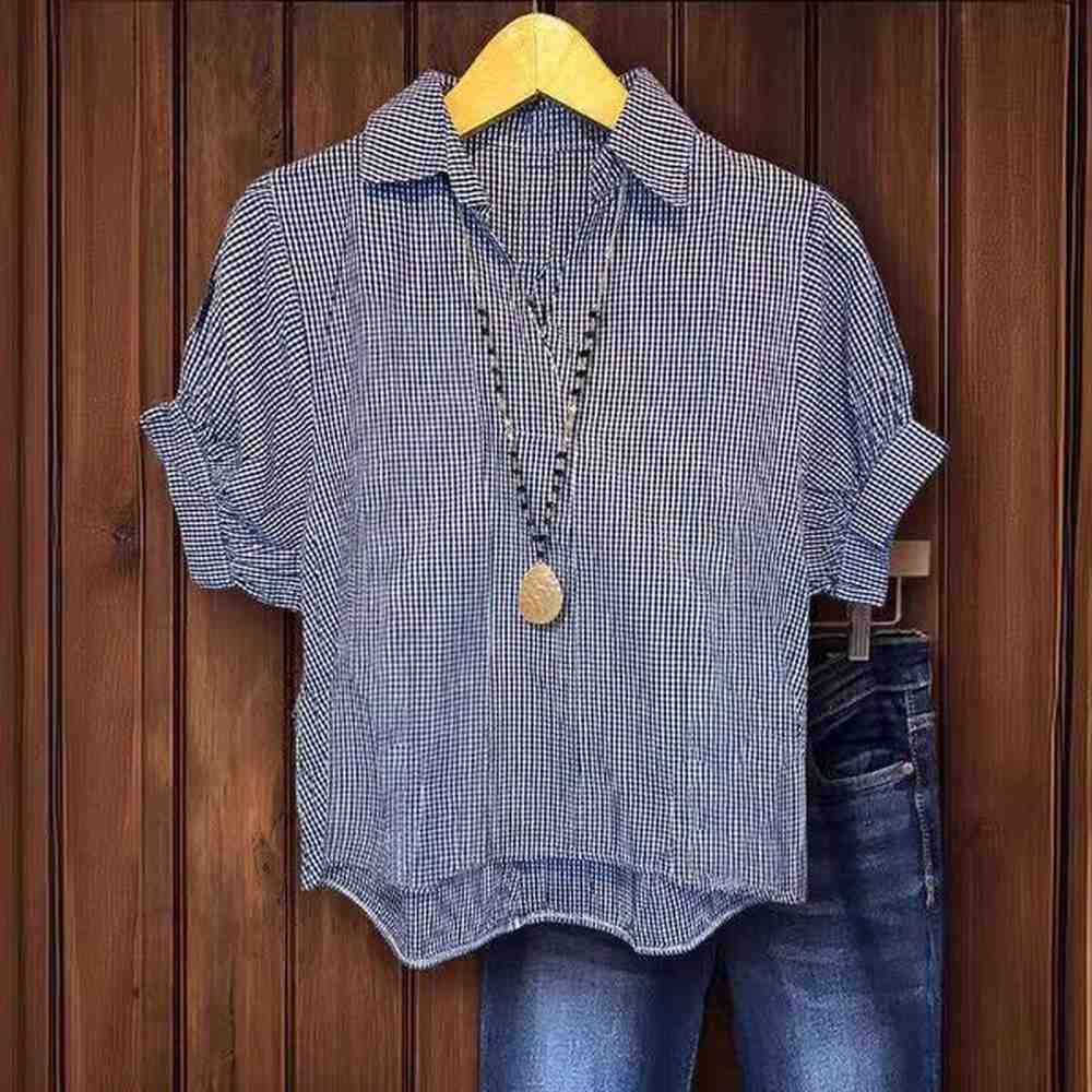 european and american plaid open top short sleeved shirt