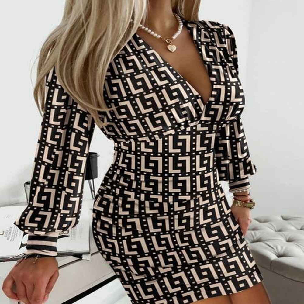 european and american womens khaki balloon sleeve vneck bodycon dress
