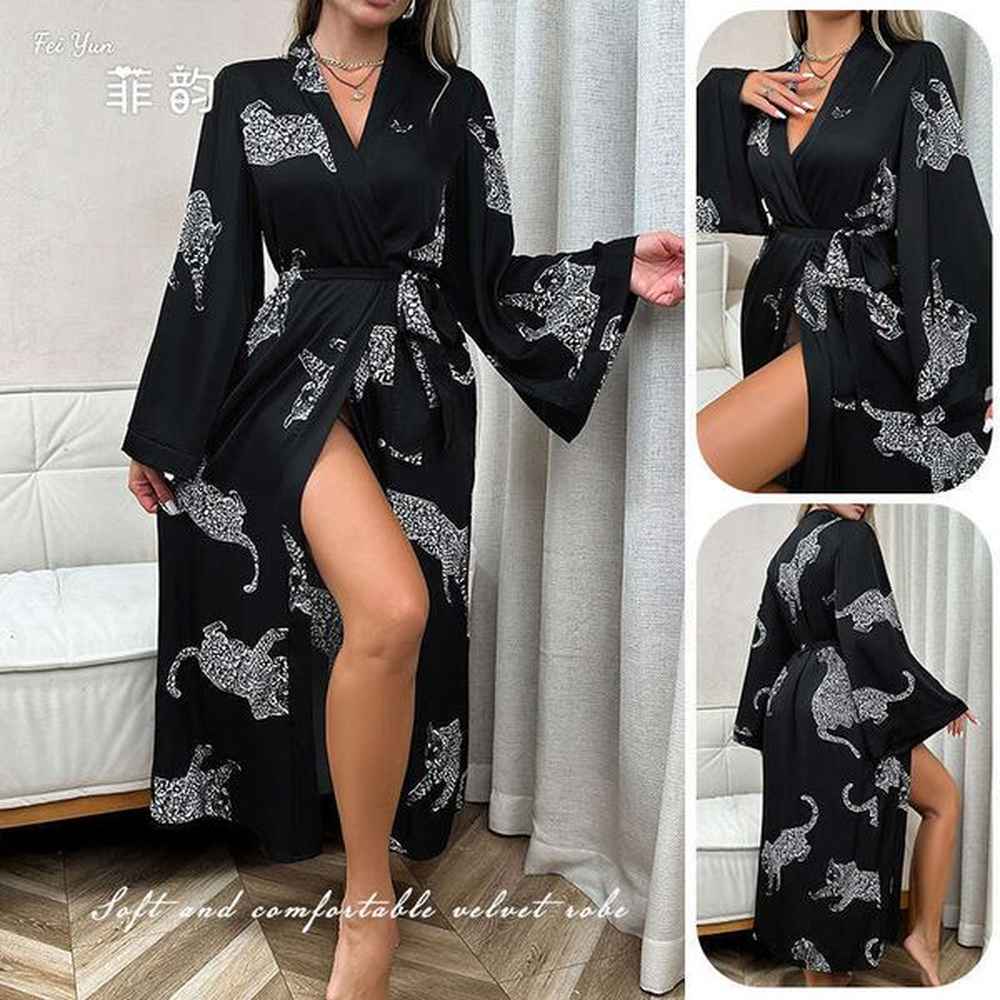european and american womens satin bathrobe long sleeved tie up
