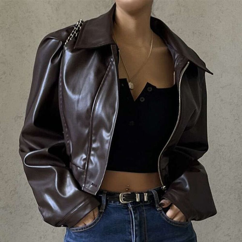 european and womens autumn retro temperament lapel zipper pu leather