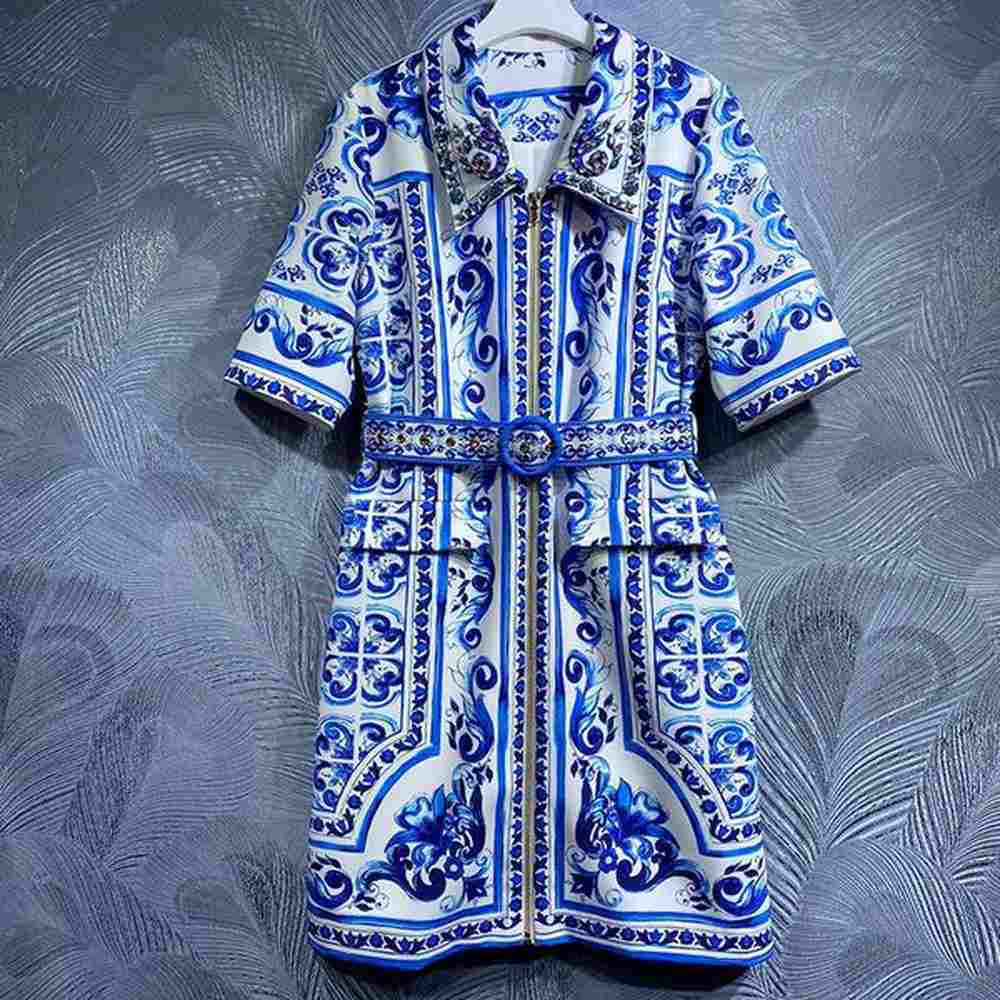 european station luxury dresses women retro high set blue and