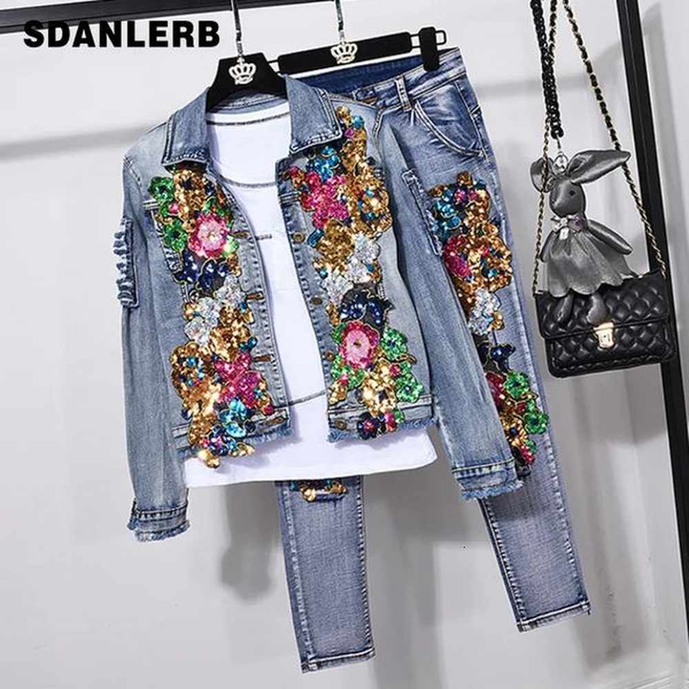 european style denim suit fashion outfit women flower sequined denim