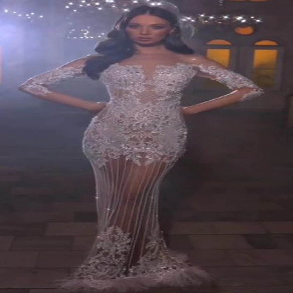 evening dress with white lace pattern and sequins sexy longsleeved