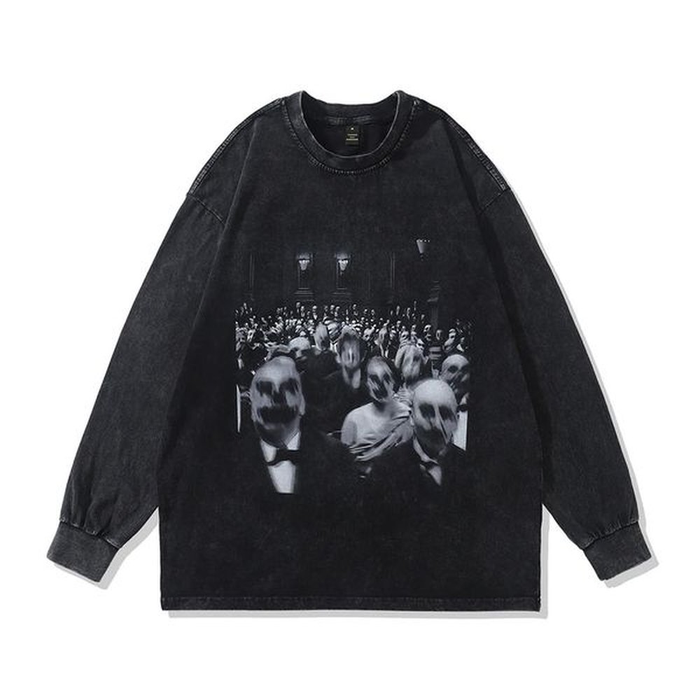 Evil printed graphic T-shirt oversized retro long sleeved Gothic mens Y2k Grunge T-shirt street loose Harajuku anime top T-shirt 241112