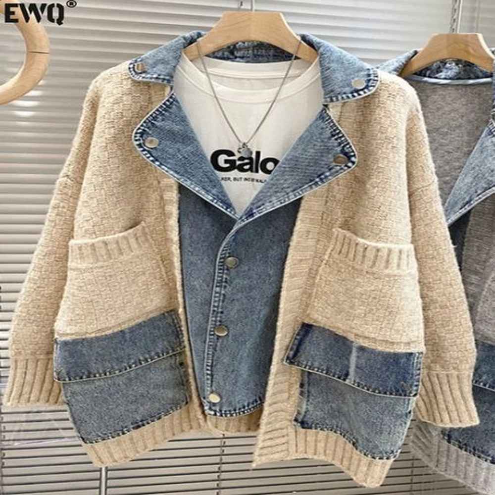 ewq fashion casual denim spliced long sleeve knitted cardigan loose