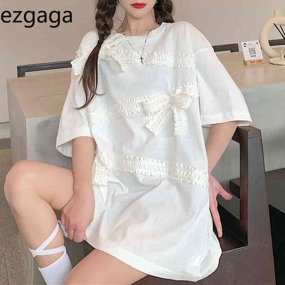 ezgaga irregular ribbon bow summer new women t shirts short